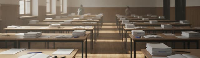 une salle d'examen lumineuse avec des copies et stylos posés sur des tables alignées, ambiance calme et studieuse, sans