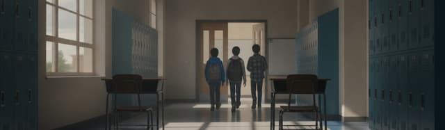 un couloir de lycée en début de matinée, quelques élèves de dos qui rejoignent leur salle, une porte de salle de classe
