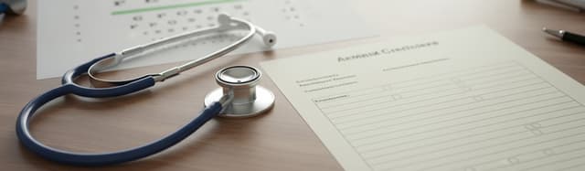 bureau de médecin vu de dessus dans une lumière naturelle douce, un stéthoscope posé à plat, une échelle d'acuité visuel