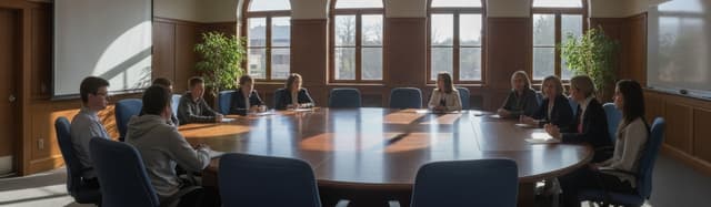 une salle de réunion de lycée, une grande table ovale entourée de chaises, quelques élèves adolescents assis face à des