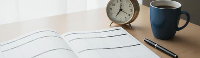 plan rapproché d'un bureau de travail en début de matinée, agenda papier ouvert sur une double page hebdomadaire, réveil